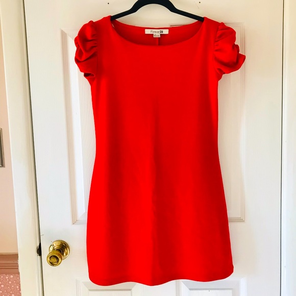 Blood Red Orange Puff Sleeve Mini Dress - Picture 1 of 2